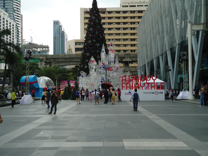 Holiday lights and decorations outside a Bangkok shopping mall