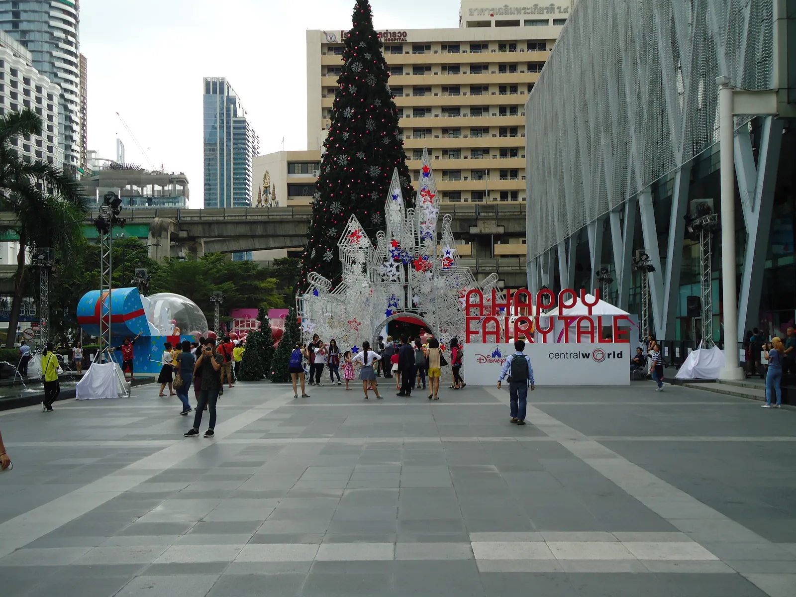 Holiday lights and decorations outside a Bangkok shopping mall