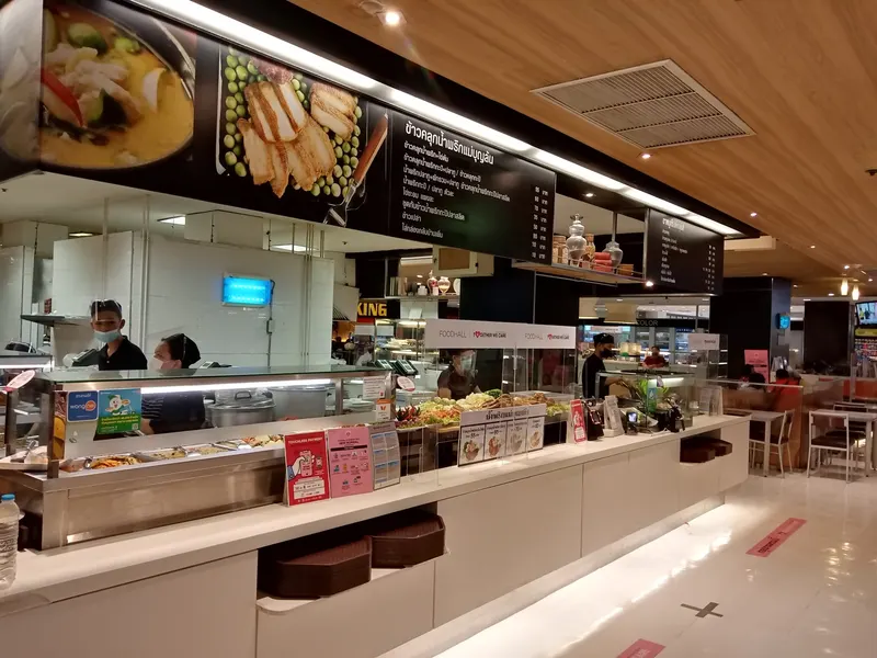 Thai dishes displayed in a Bangkok mall food court