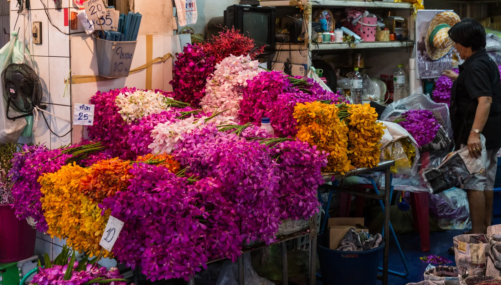 Marigolds and orchids at Pak Khlong Talat flower market