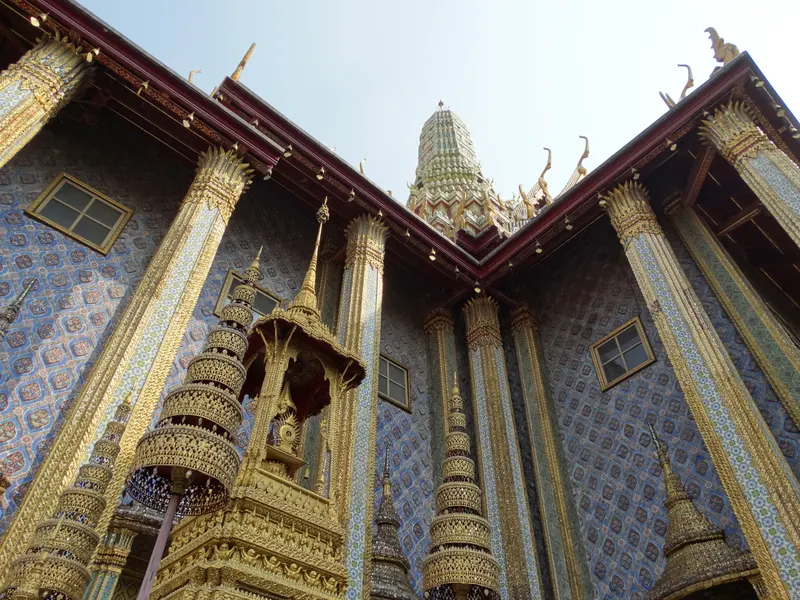 Gold and mosaic architectural detail at Wat Phra Kaew in Bangkok