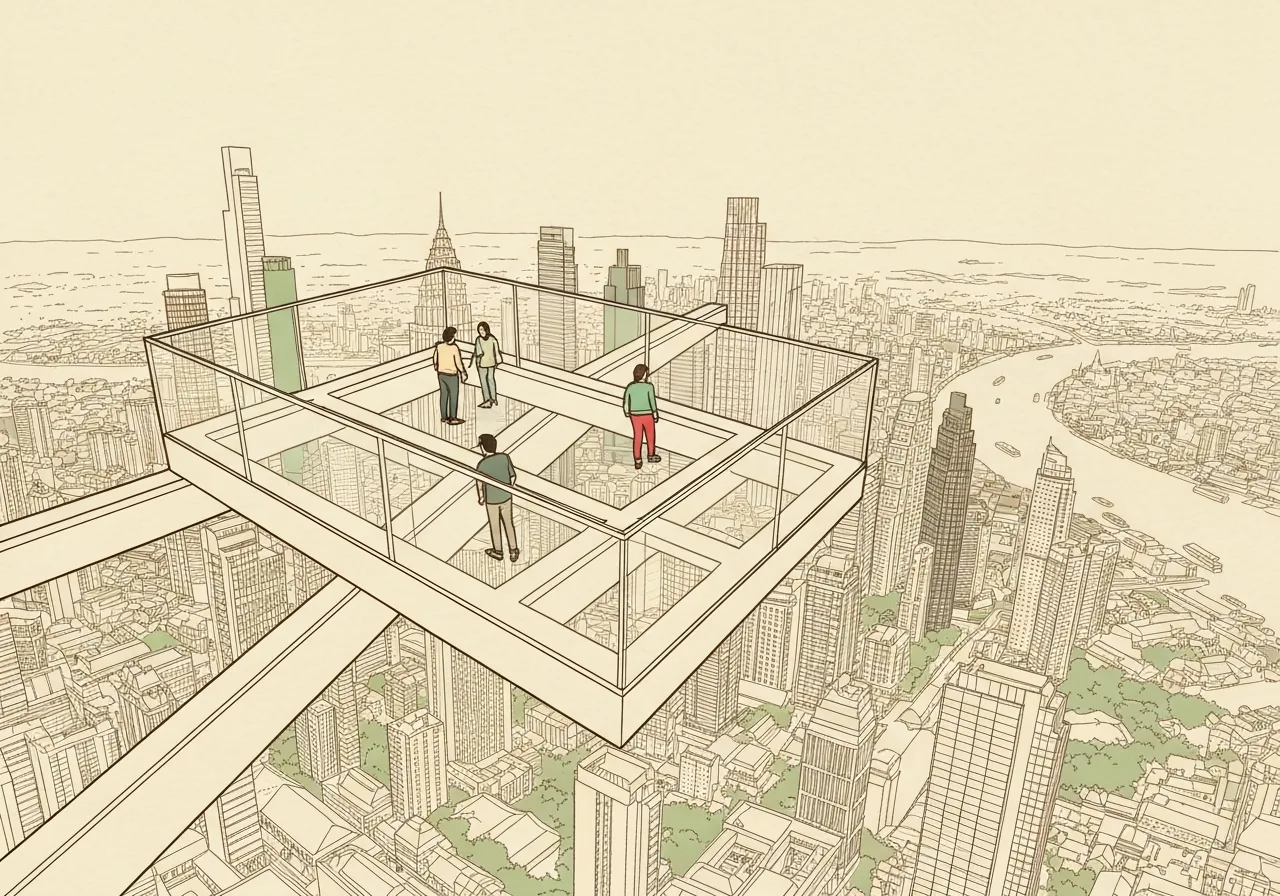 Visitors standing on the glass tray at Mahanakhon SkyWalk